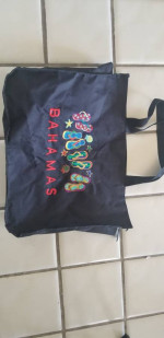 Bahamas Large Beach Tote Bag.  Black bag with flip flops . Zipper top