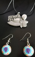 Vintage Roswell 1997 Metal Pendant Made in the USA and Alien Earrings