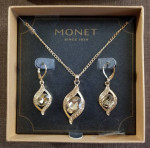 Brand New - Monet Gold-Tone Brown Crystal Ornament Necklace - Earrings