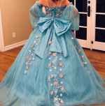Blue floral quince dress with pink flowers