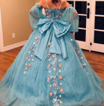 Blue floral quince dress with pink flowers