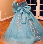 Blue floral quince dress with pink flowers