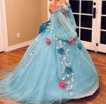 Blue floral quince dress with pink flowers