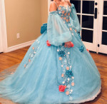 Blue floral quince dress with pink flowers