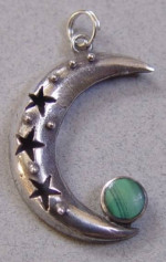 Crescent Moon Silver Pendant/Green Malachite Stone Handmade