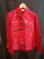 Excellent: CHICO’S – Silk Button Down Red Pink Art Light Coat (size: 1