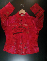 Excellent: CHICO’S – Silk Button Down Red Pink Art Light Coat (size: 1