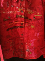 Excellent: CHICO’S – Silk Button Down Red Pink Art Light Coat (size: 1