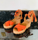 Women’s Sorel Joanie 11 High Ankle Wedge Orange Suede Laceup Sandals Size 6