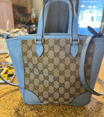 GUCCI Monogram Dollar Calfskin Small Bree Tote Beige Ebony Mineral Blue