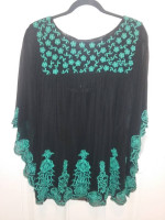 Kaftan 2-piece Blouse 1X INC International Concepts Black w/ Teal Emb