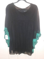 Kaftan 2-piece Blouse 1X INC International Concepts Black w/ Teal Emb