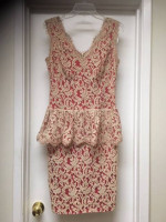 TADASHI SHOJI BEIGE LACE RED PEPLUM DRESS Sz 8 NEW