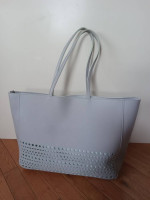 Bath Body Works Gray Tote Bag Hello Coin Purse Cutouts show Mint Green