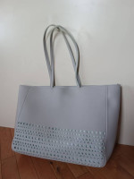 Bath Body Works Gray Tote Bag Hello Coin Purse Cutouts show Mint Green