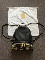 Michael Kors Rhea Zip Pebbled Leather Backpack Black Gold Studded