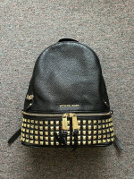 Michael Kors Rhea Zip Pebbled Leather Backpack Black Gold Studded