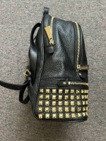 Michael Kors Rhea Zip Pebbled Leather Backpack Black Gold Studded