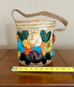 VTG Straw Raffia Woven Bucket Purse Tote Beach Sewing Basket