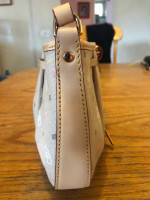 Like New Dooney & Bourke Purse 👜 10 1/2”L Tan /Hearts & All Bright Pink Ins