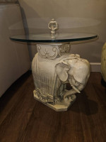 White Plaster Elephant Table with Glass Top, 17.5" high, 18" wide