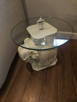 White Plaster Elephant Table with Glass Top, 17.5" high, 18" wide