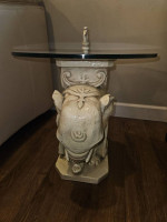 White Plaster Elephant Table with Glass Top, 17.5" high, 18" wide