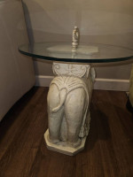 White Plaster Elephant Table with Glass Top, 17.5" high, 18" wide