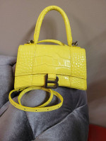 BALENCIAGA Extra Small Yellow Hourglass Leather Top Handle Bag Cross Body