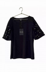 A Love Story, Nicole- Women Round Neck Pearl Studded Sleeves Top/Black