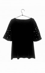 A Love Story, Nicole- Women Round Neck Pearl Studded Sleeves Top/Black