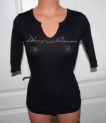LIKE NEW! DKNY Jeans Size SMALL Black Fitted Ribbed Rhinestone Top