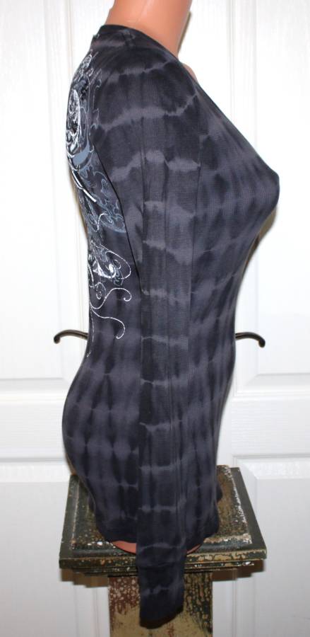 LIKE NEW! Affliction SMALL Black & Gray Tie Dye V-Neck Thermal Top