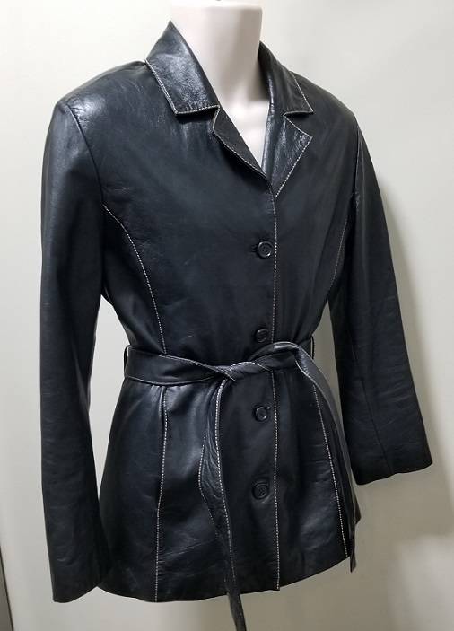 EXCELLED ALL SOFT LEATHER Belted Jacket Outline Stitch Sz L ZERO USE!