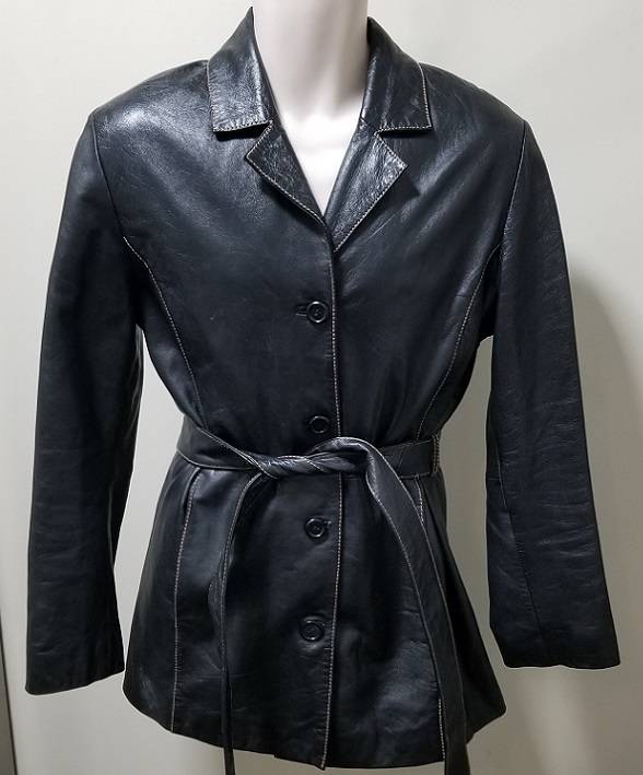 EXCELLED ALL SOFT LEATHER Belted Jacket Outline Stitch Sz L ZERO USE!
