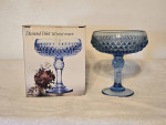 Vintage Blue Diamond Point Glass Tall Footed Compote with Original Box