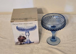 Vintage Blue Diamond Point Glass Tall Footed Compote with Original Box