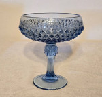 Vintage Blue Diamond Point Glass Tall Footed Compote with Original Box