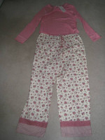 New w Tags: 2-Pc Pajamas Set, Pink & Ivory w Flowers & Stripes, Size L