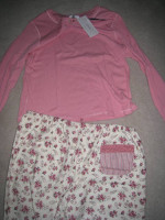 New w Tags: 2-Pc Pajamas Set, Pink & Ivory w Flowers & Stripes, Size L