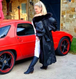 Full Length Black Leather Coat with Fox Tuxedo Collar and Fur Interior