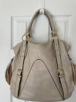 Pearl Grey Zip Top Faux Leather Handbag with Gold Brass Hardware