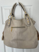 Pearl Grey Zip Top Faux Leather Handbag with Gold Brass Hardware
