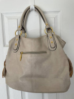 Pearl Grey Zip Top Faux Leather Handbag with Gold Brass Hardware