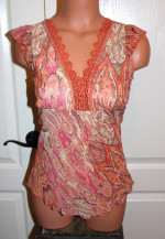 NEW! Size SMALL Low Cut BOHO Paisley Flutter Sleeve Lace Neck Peasant