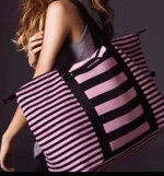 Victoria's Secret Extra Large Pink & Black Striped Tote Bag (New)