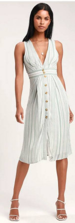 New Lulus Estnelly Sage Green Striped Button-Front Midi Dress