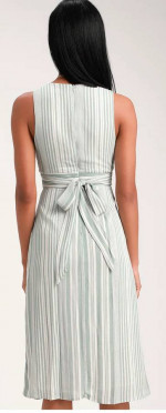 New Lulus Estnelly Sage Green Striped Button-Front Midi Dress