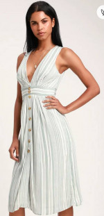 New Lulus Estnelly Sage Green Striped Button-Front Midi Dress