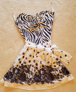 FAUST (Paris) Blue & White Strapless Dress (lined) bow tie waist LARGE